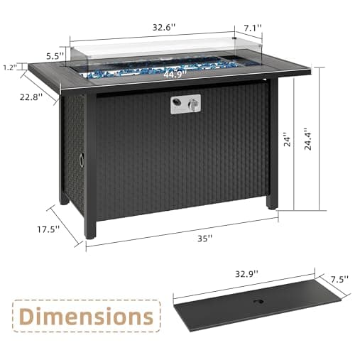 JAMFLY Propane Fire Pit Table 45 Inch, 50,000 BTU Outdoor Gas Firepit Table for Outside Patio with Glass Wind Guard, Blue Glass Rocks,Waterproof Cover, Gray