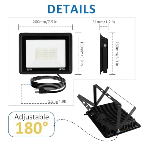 50W LED Flood Light Outdoor, 5000LM Super Bright Floodlight Outside Work Light with Plug, 6500K Daylight White LED Flood Light Outdoor, IP66 Waterproof Outdoor Flood Light-1Pack