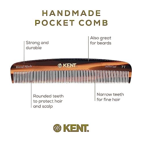 Kent 7T Handmade All Fine Tooth Pocket Comb for Men, Hair Comb Straightener for Everyday Grooming Styling Hair, Mustache and Beard, Use Dry or with Balms, Saw Cut and Hand Polished, Made in England