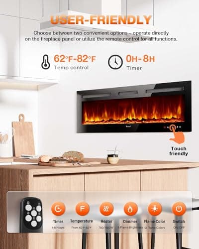 Electric Fireplace 60Inch,Realistic Flame Electric Fireplace Heater,Log Set,Crystal Flames 750-1500W with Timer Inserts,Wall Mounted,TV Stand Touch Screen & Remote for Living Room Easy Install