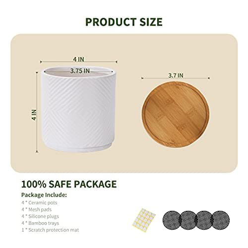 AOMRYOM 4 Inch Ceramic Plant Pots with Drainage Hole and Saucer, Modern Small Indoor Outdoor Flower Planter for Succulent, Cactus and Herbs, Geometric Patterns, White, Set of 4 (Plant Not Included)