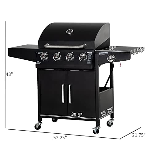 Outsunny 4 Burner Propane Gas Grill, 50,000 BTU Steel Outdoor Barbeque/Barbecue with Side Burner, Wheels, Warming Rack, Shelf, Cabinet, Thermometer, Black