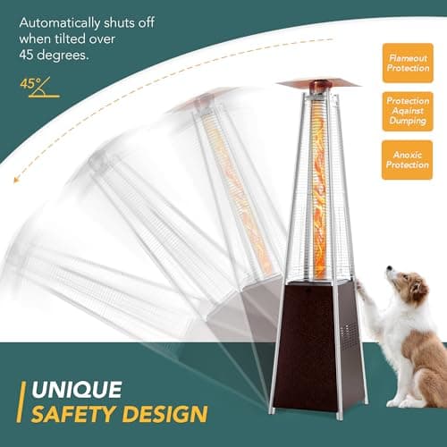 Pamapic Patio Heater, 48,000 BTU Pyramid Flame Outdoor Heater with Cover, Quartz Glass Tube Hammered Bronze Tower Propane Outdoor Heater with Wheels