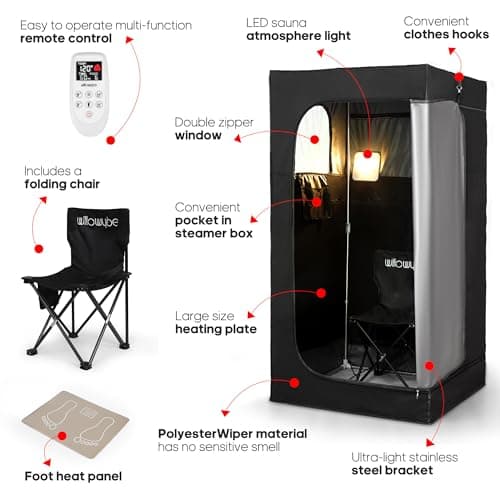 WILLOWYBE Portable Infrared Sauna for Home with 6 Heating Plates, Sauna Tent, Foot Heating Pad and LED Warm Light, Dry Infrared Sauna Box for Full Body, Personal Home Spa