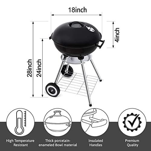 18 Inch Portable Charcoal Grill – Heavy-Duty Round BBQ Grill with Thickened Grilling Bowl, Sturdy with 4 Legs & Wheels for Small Outdoor Barbecue, Camping, Travel, Tailgating & Backyard Cooking