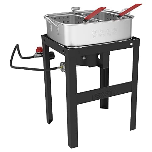 Nexgrill 18 Qt Aluminum Fish Fryer with Crawfish Boiler Pot & Double Strainer Basket for Poultry, Seafood, and More, 58,000 BTU Outdoor Deep Fryer, Welded Steel Stand & Included Thermometer - 840-0006