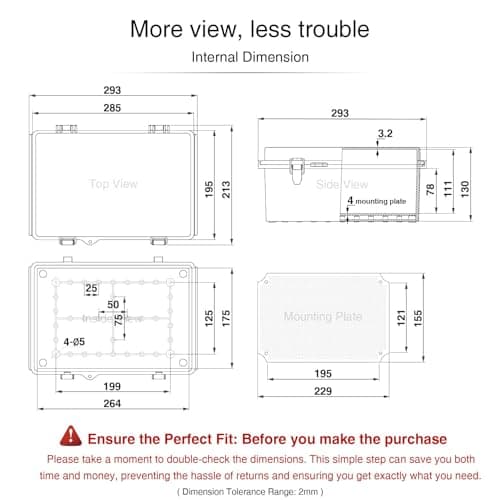 QILIPSU Waterproof Junction Box IP67 Outdoor Plastic Electrical Project Enclosure Weatherproof with Mounting Plate, Wall Brackets, Hinged Grey Cover 11.2"x7.7"x5.1"