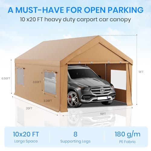 Carport 10x20 Heavy Duty Portable Garage,Carport Canopy with Roll-Up Windows & Doors,Portable Garage and Shelter with Removable Sidewalls,Car Tent Garage with All-Season Tarp for Truck Bike Lawnmower