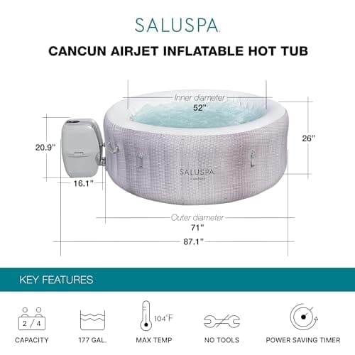 Bestway SaluSpa Cancun AirJet 2 to 4 Person Inflatable Hot Tub, 71 x 26 Inch Round Portable Outdoor Spa with 120 Soothing Jets and Cover, Gray