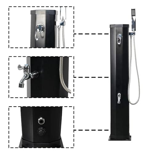 7.2 FT Outdoor Solar Heated Shower, 9.3 Gallon Shower with Shower Head and Foot Shower Tap for Poolside Backyard Beach Pool Spa, Black