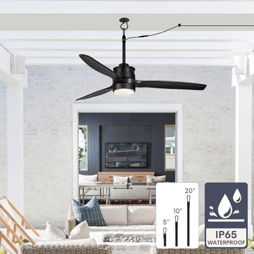 EKIZNSN 42“ Wet Rated Gazebo Ceiling Fans Outdoor Hanging for Patios Waterproof, Pergola Ceiling Fan with Light, Hook Installation, Black