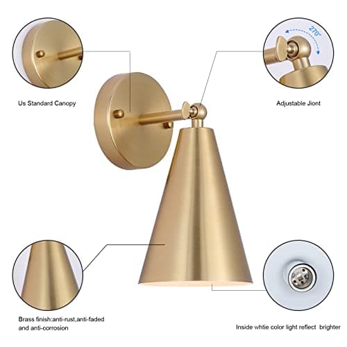 MWZ Gold Sconces Set of 2, Modern Brass Wall Sconces Lighting Fixtures with Metal Shade, Indoor Decor Wall Mount Swing Arm Lamp for Bedroom,Bedside,Kitchen,Hallway,Living Room,Reading,Bar