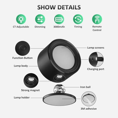 LED Wall Mounted Lights 2 Pcs with Remote, Wall Sconces Lamp 3000mAh Rechargeable Battery Operated, 3 Color Temperatures & Dimmable Magnetic 360° Rotation Cordless Light for Bedroom Bedside