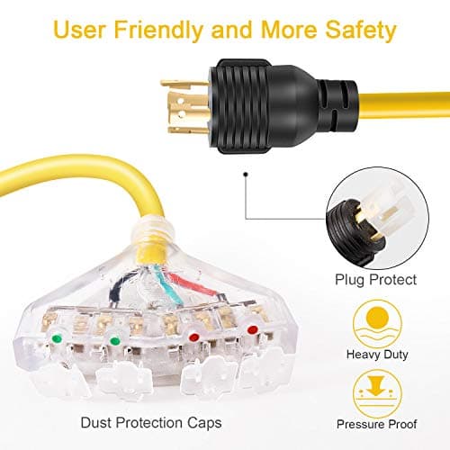30 Amp to 110 Adapter Generator Power Cord, 4 Prong 30 Amp to 15 Amp Generator Adapter, Nema L14-30P Male to 4X 5-20R Female with Dust Protection Caps, 1.5 FT