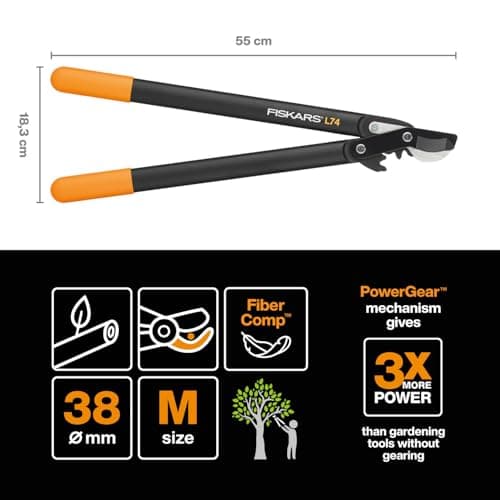 Fiskars PowerGear Lopper Bypass, Hook Head (M) L74, Hook Head, Non-stick coating, Cutting Diameter : 3.8 cm, Hardened steel, Length: 55 cm, Black/Orange, 1000582