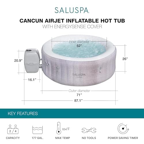Bestway SaluSpa Cancun 71" x 26" Inflatable Hot Tub Round Portable Outdoor Spa with 120 AirJets and EnergySense Energy Saving Cover, Grey