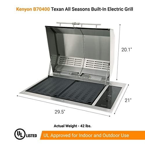 KENYON Texan Built-In Electric Grill, UL-Approved For Indoor And Outdoor Use, Stainless Steel Body, Rust-Proof Grill, Quick Heat Up, Alternative For Gas And Charcoal Grill, Dishwasher Safe Grates