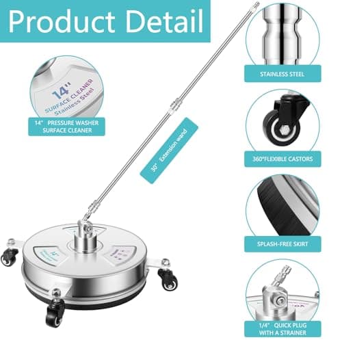 14" Pressure Washer Surface Cleaner with 4 Wheels-Stainless Steel Power Washer Accessories for Concrete Driveways Sidewalks Patios Cleaning (14 INCH Silver)