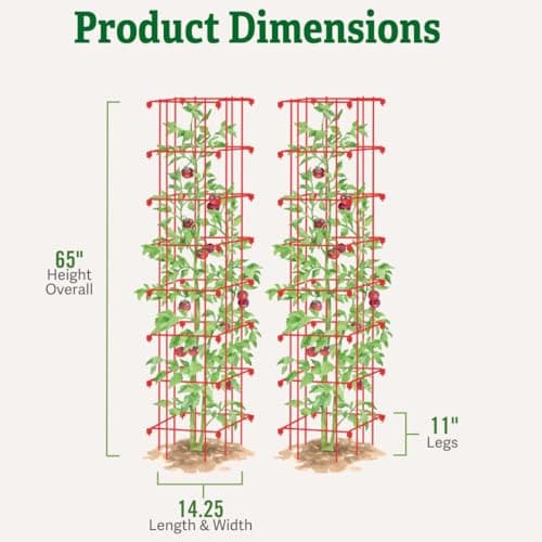 Gardener’s Supply Company Extra Tall Heavy-Guage Square Tomato Cages | Easy Fold Plant Supports & Vegetable Garden Stakes | 14.25" x 14.25" x 65" - Red (Set of 2)