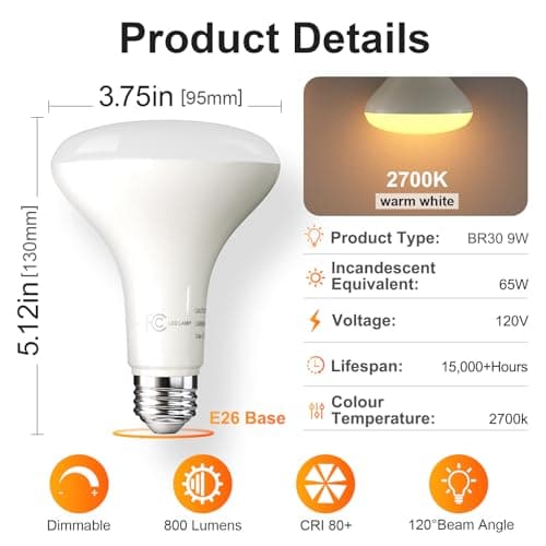TJOY 12 Pack BR30 Flood Light Bulb Indoor, 65W Equivalent Dimmable Led Recessed Lights Bulb, 2700K Soft Warm White, E26 Base Bulbs for Kitchen Ceiling, Recessed Can, Replacement Incandescent, 9W,800LM