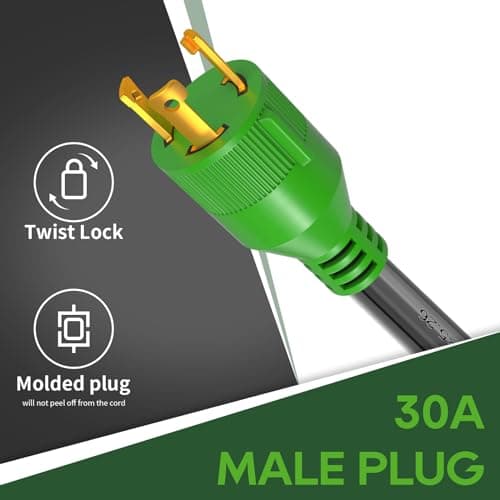 RVGUARD 3 Prong 30 Amp to 50 Amp RV Generator Adapter Cord 12 Inch, STW 10/3, L5-30P Locking Male Plug to 14-50R Female with LED Power Indicator, Green