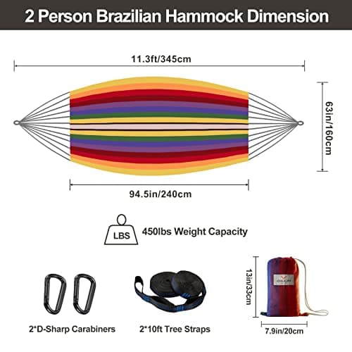 Brazilian Double Hammock with Tree Straps,Extra Large 240x160cm,2 Persons Hammock for Backyard Patio Outdoor and Indoor,450lbs Weight Capacity,Soft Woven Cotton Fabric Red Stripe