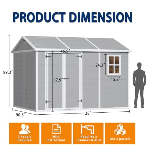 10x8 FT Outdoor Storage Shed with Floor, Weather-Resistant Resin Shed with Double Windows, Lockable Door and Vents, Plastic Outside Tool Storage Sheds for Garden, Backyard, Lawn