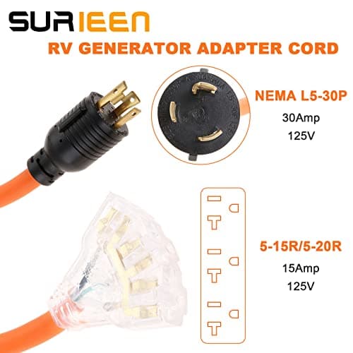 30Amp to 20Amp 110V Generator Adapter Cord, 3 Prong NEMA L5-30P to 5-20R/5-15R Generator Adapter Distribution Locking Cord with Lighted Power Indicator, STW 10 AGW, 1.5FT, ETL Listed