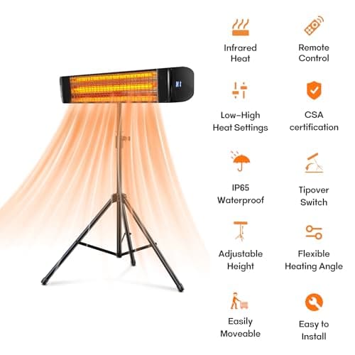Paraheeter Electric Outdoor Heater, Infrared Patio Heater for Outdoor/Indoor Use, Wall Mounted/Ceiling/Tripod Infrared Heater Outdoor, 1500W Electric Patio Heater, CSA certificate.