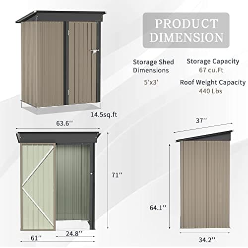 Greesum Metal Outdoor Storage Shed 5FT x 3FT, Steel Utility Tool Shed Storage House with Door & Lock, for Backyard Garden Patio Lawn (5' x 3'), Brown
