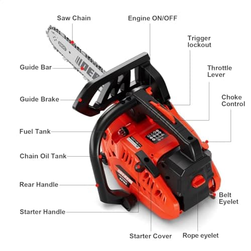 12 Inch Gas Chainsaw, 25.4CC 2-Stroke Top Handle Gas Powered Chainsaw Petrol Handheld Cordless Chain Saw for Tree Wood Cutting