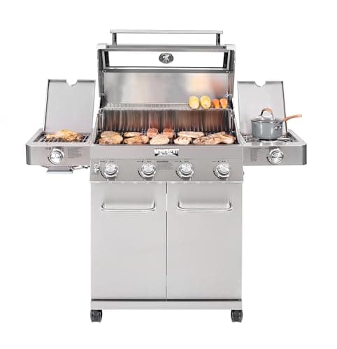 Monument Grills Larger 4-Burner Propane Gas Grills Stainless Steel Cabinet Style with Clearview® Lid, Knob Controls, Built-In Thermometer, Infrared Side Sear Burners & Side Burners