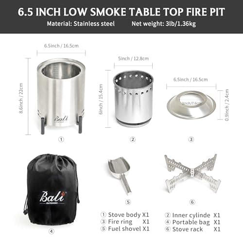 BALI OUTDOORS 6.5 inch Tabletop Fire Pit Round, Stainless Steel Table Top Firepit Small, Outdoor Smokeless Firepit Portable