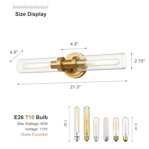 Brushed Gold Bathroom Vanity Light Fixture, 2-Light Modern Wall Sconce Lighting W/Clear Glass, Brass Wall Mount Lamp for Mirror Hallway Kitchen Living Room, E26 T10 Bulbs(Excluded)