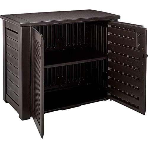 Rubbermaid Decorative Outdoor Storage Cabinet (123 Gal), Weather Resistant, Dark Brown, Organization for Home/Backyard/Pool Chemicals/Toys/Garden Tools/Porch/Patio Cushions