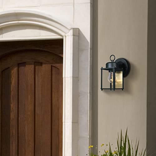 DESIGNERS FOUNTAIN Preston Outdoor Light Fixture, 8 Inch, Exterior Wall Mount Lantern Sconce, Clear Glass Porch Lights for Front Door, Patio, and House Garage, Black, 1161-BK
