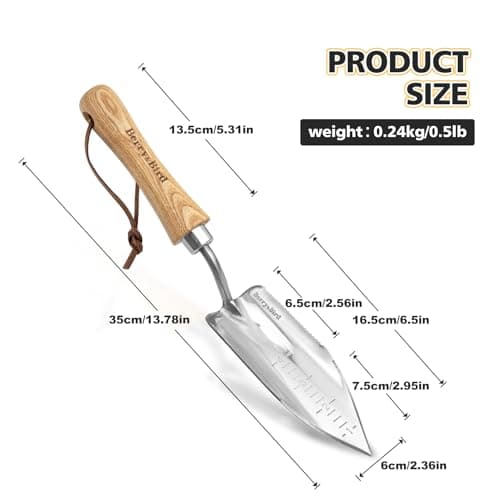 Potting Trowel, Stainless Steel Serrated Hand Shovel, Wood Handle Garden Trowel Tool with Measuring Scale for Effortless Digging,Roots，Planting, Cutting and Transplanting