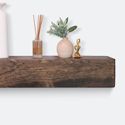 Fireplace Mantel, Rustic, Shelf, Floating Mantle, Real Wood, Beam, URBANDI (Dark Brown, 60Lx6Hx8D)