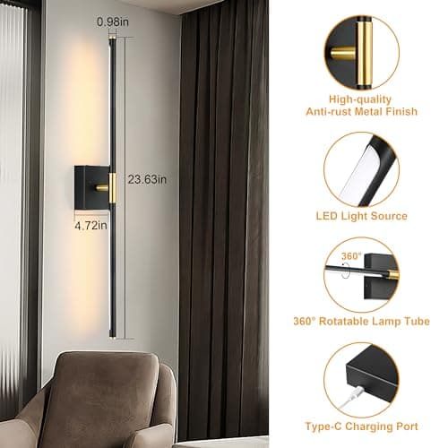 Battery Operated Wall Sconces Set of 2, Dimmable Battery Wall Sconce with Remote Control, Black Gold LED Rechargeable Sconces, 24 Inch Modern Wireless Wall Lights for Bedroom, Living Room