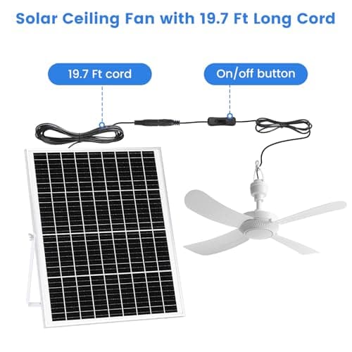 23.6'' Solar Ceiling Fan, 25W Solar Powered Hanging Fans for Outdoor Gazebo, Chicken Coop, Greenhouse, Shed, Dog House, 19.7 Ft Long Cord with On/Off Button
