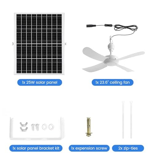 23.6'' Solar Ceiling Fan, 25W Solar Powered Hanging Fans for Outdoor Gazebo, Chicken Coop, Greenhouse, Shed, Dog House, 19.7 Ft Long Cord with On/Off Button