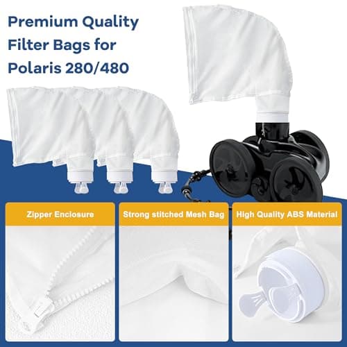 Pool Cleaner Bags, 4 Pack Pool Sweep Bag, Nylon Mesh Pool Vacuum Bag Replacement, All Purpose Bag with Zipper Enclosure, Pool Spa Part Fits Polaris 280, 480, Durable Filter Bag for K13, K16
