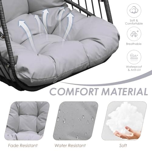 NICESOUL Swing Egg Chair Outdoor Indoor, Patio Wicker Hanging Egg Chairs with Stand, Swinging Hammock with Padded Cushions, 350lbs Sturdy Egg-Shaped Seating for Porch Bedroom Balcony Xmas Gift, Grey