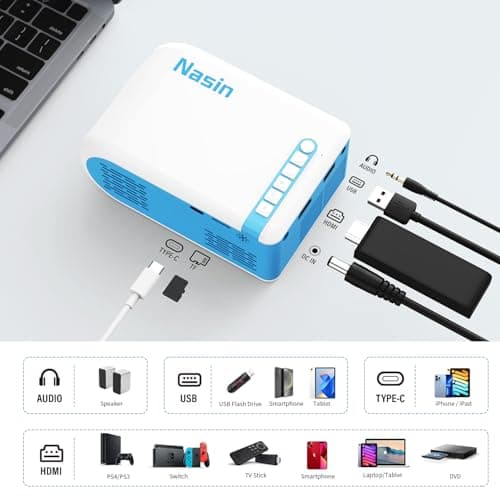Nasin Mini Projector, 1080P Supported Portable Movie Projector, Home Theater and Outdoor Use, Compatible with IOS, Android, Tablet, Laptop, TV Stick, Type C, USB & HDMI, Bluetooth Proyector