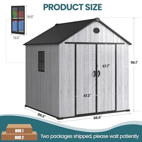 8 x 8 FT Resin Storage Shed Outdoor Storage Shed Storage Sheds Outdoor with Floor, Side Window, Plastic Shed with Lockable Door, Front Rear Vents for Backyard, Garden, Patio (8x8 FT)
