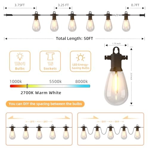 50FT LED Outdoor String Lights with 15 Shatterproof Edison Bulbs, 2700K Commercial Grade IP65 Waterproof Patio Lights, Heavy Duty Outside Hanging Lights for Backyard, Balcony, Garden, Porch