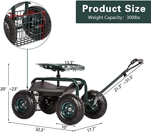 Peach Tree Garden Cart Rolling Work Seat with Tool Tray Heavy Duty Scooter Gardening Planting