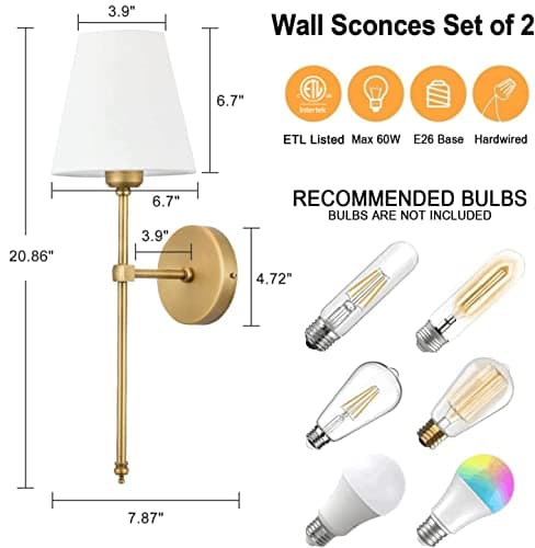 Bsmathom Wall Sconces Sets of 2, Classic Brushed Brass Sconces Wall Lighting, Hardwired Bathroom Vanity Light Fixture with Fabric Shade for Bedroom Living Room Hallway Kitchen, Gold