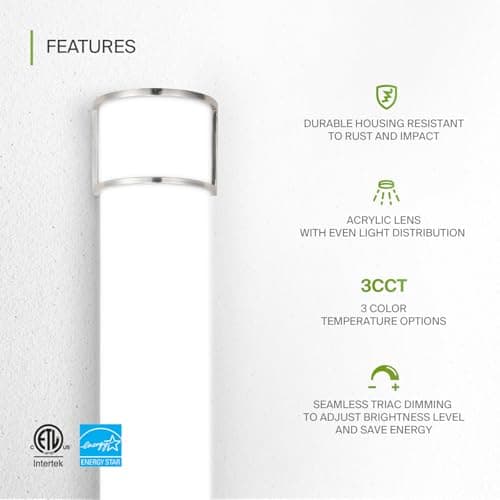 ASD LED 36 Inch Flush Mount Vanity Lighting Fixture | 30W 2650LM 3000K-5000K 120V | 3CCT, Dimmable, Energy Star, ETL Listed | Bathroom Linear Wall Light Bar, Long Tube Bath Sconce | Nickel