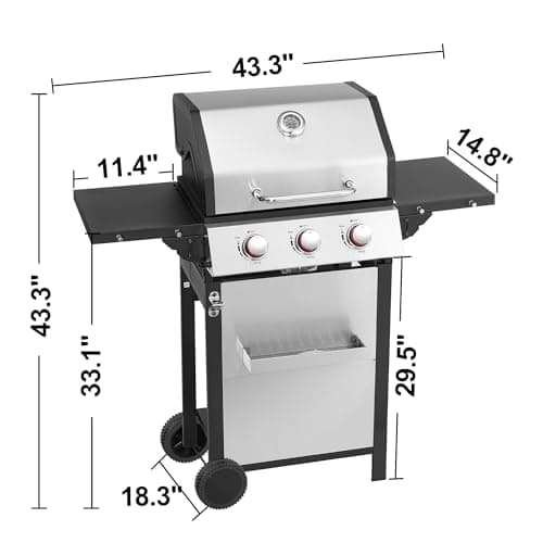 3-Burner Propane Gas Grill, Stainless Steel Cabinet with Side Table & Knob Controls, BBQ Cast Iron Grates and Thermometer for Outdoor Cooking, Patio, BBQ